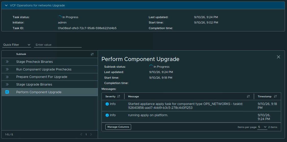 VCF Operations for Networks component upgrade in progress, showing the Perform Component Upgrade subtask running.