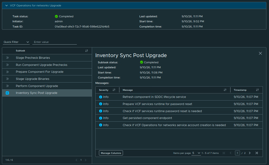 Completed VCF Operations for Networks upgrade workflow showing the Inventory Sync Post Upgrade subtask completed.
