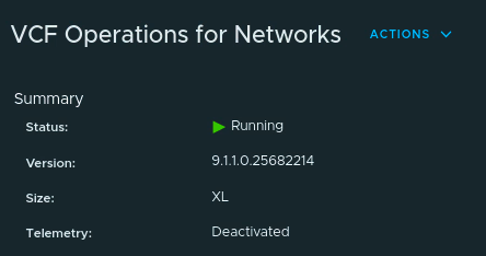VCF Operations for Networks component summary showing Running status, version 9.1.1.0.25682214, XL size, and Telemetry Deactivated.