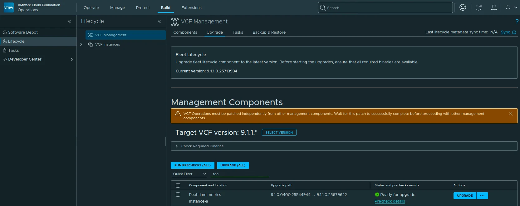 VCF Operations VCF Management Upgrade page showing Real-Time Metrics instance-a ready to upgrade from 9.1.0.0400.25544944 to 9.1.1.0.25679622.