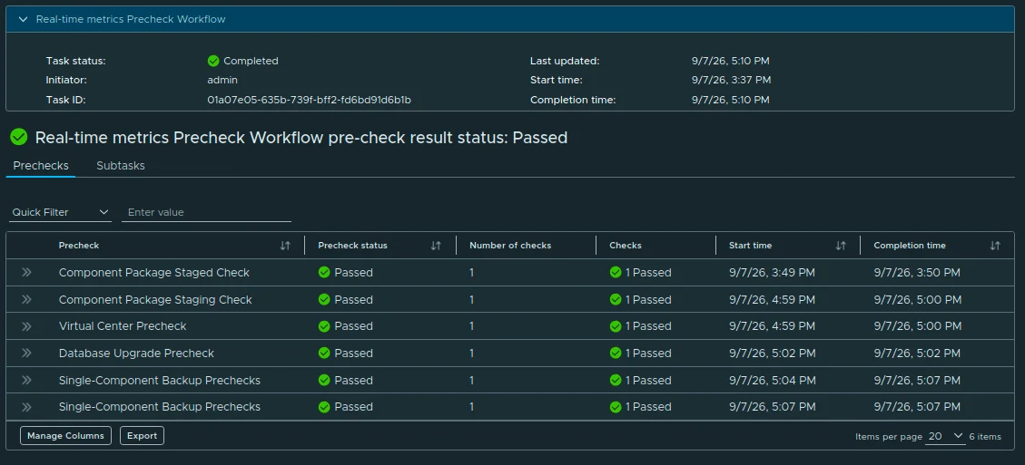 Completed Real-Time Metrics precheck workflow showing a Passed result and all listed checks passed.
