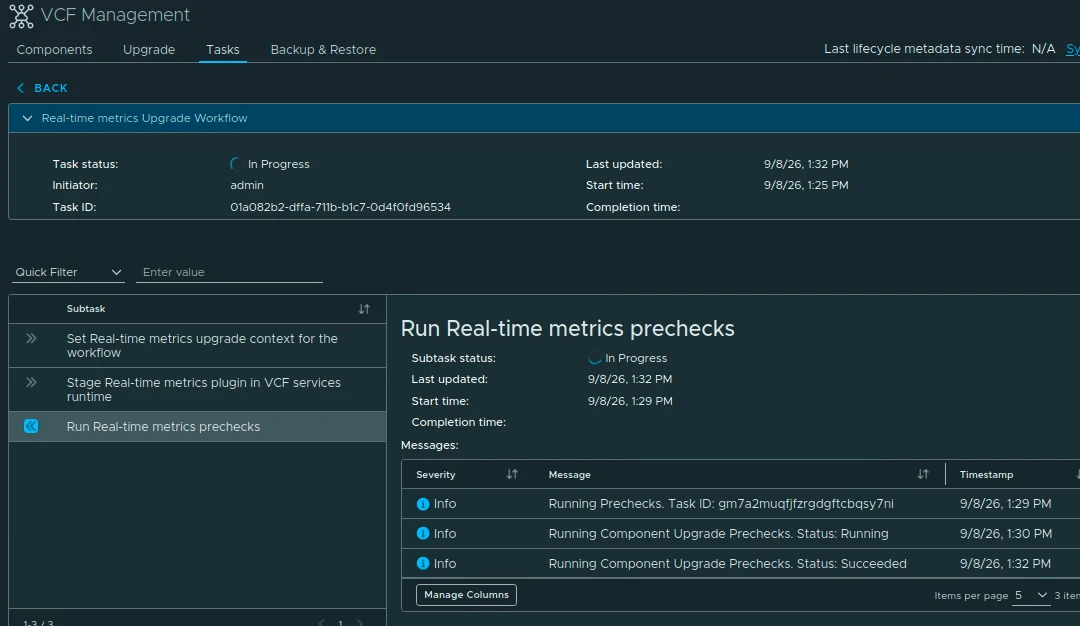 Real-Time Metrics upgrade workflow in progress, with the component prechecks running and the status messages visible.