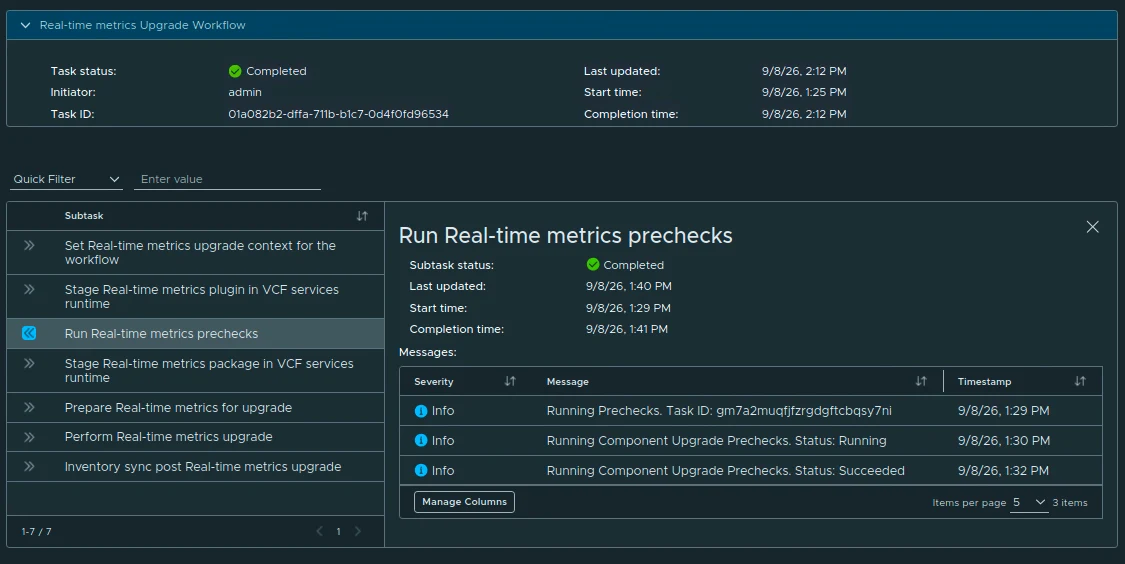 Completed Real-Time Metrics upgrade workflow showing the component upgrade subtasks completed.