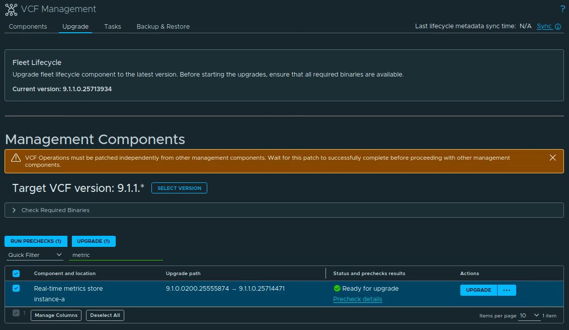 VCF Operations upgrade page with Real-Time Metrics Store selected and Run Prechecks (1) available.