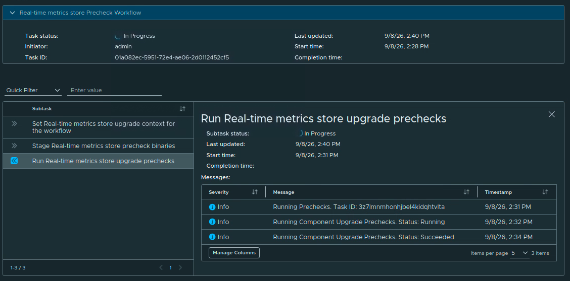 Real-Time Metrics Store precheck workflow showing the component upgrade prechecks running and then succeeding in the task messages.