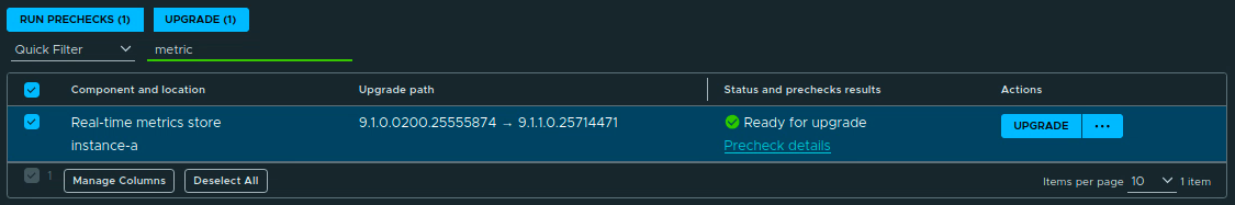 Real-Time Metrics Store row showing Ready for upgrade after the precheck completed.
