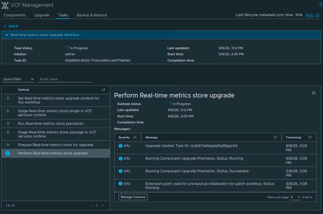 Real-Time Metrics Store upgrade workflow in progress while the component upgrade is being performed.