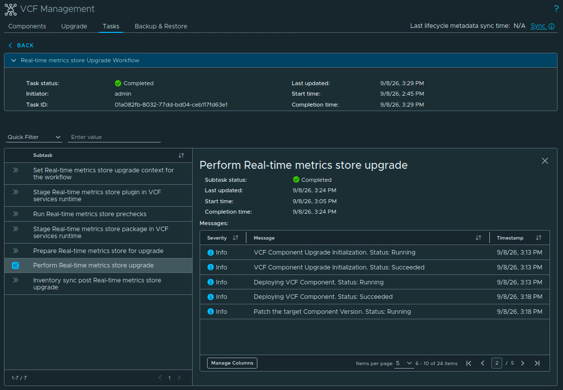 Completed Real-Time Metrics Store upgrade workflow showing all seven subtasks completed.