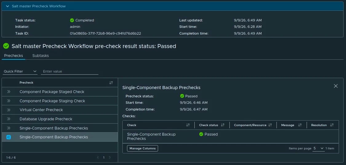 Completed Salt master Precheck Workflow showing a Passed result and all six listed checks passed.