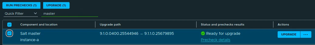 Salt master selected with the 9.1.1.0.25679895 upgrade path and Ready for upgrade status after the precheck completed.