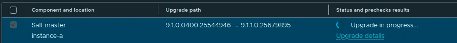 Salt master row showing Upgrade in progress from 9.1.0.0400.25544946 to 9.1.1.0.25679895.