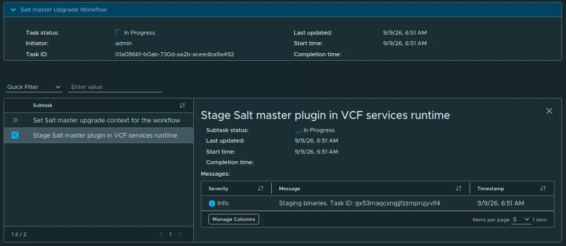 Salt master upgrade workflow in progress while the Salt master plugin is staged in the VCF services runtime.