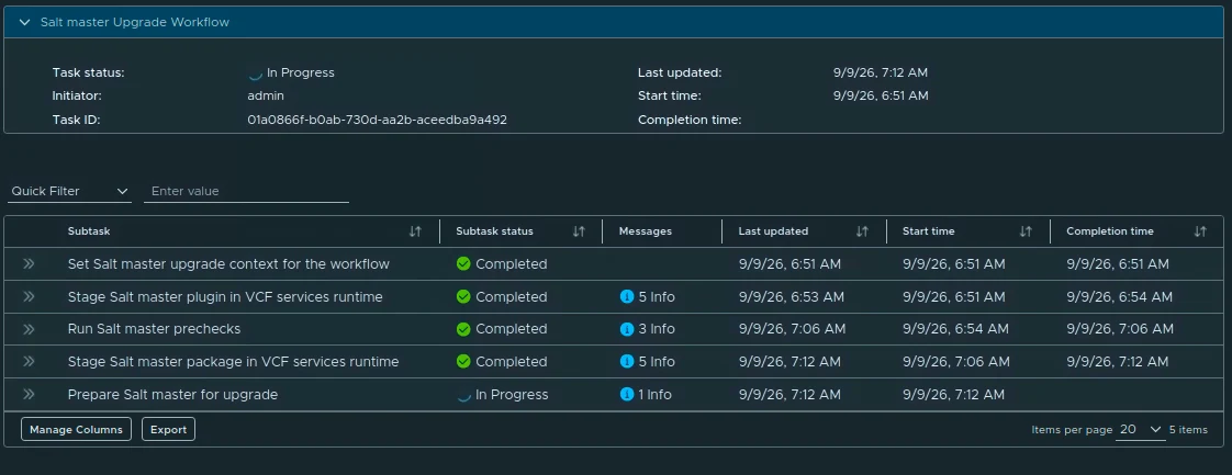 Salt master upgrade workflow showing completed staging and prechecks while preparation is in progress.