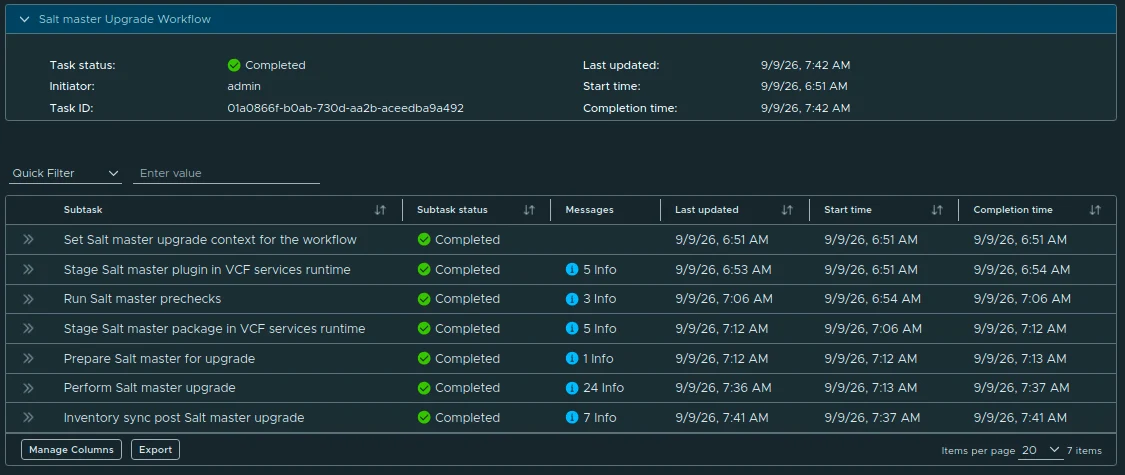 Salt master upgrade workflow showing all seven subtasks completed, including the final inventory sync.