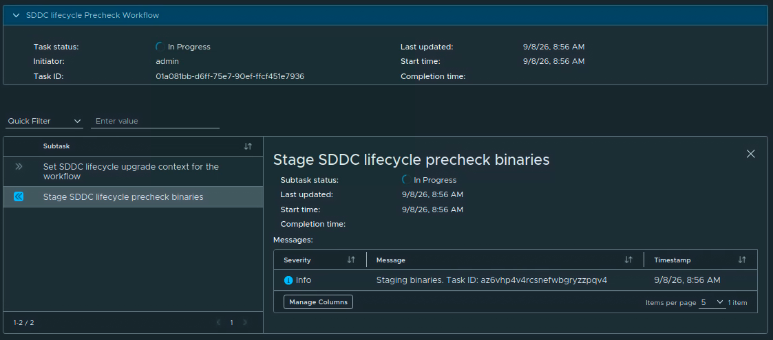 SDDC Lifecycle precheck workflow showing the precheck binaries being staged.