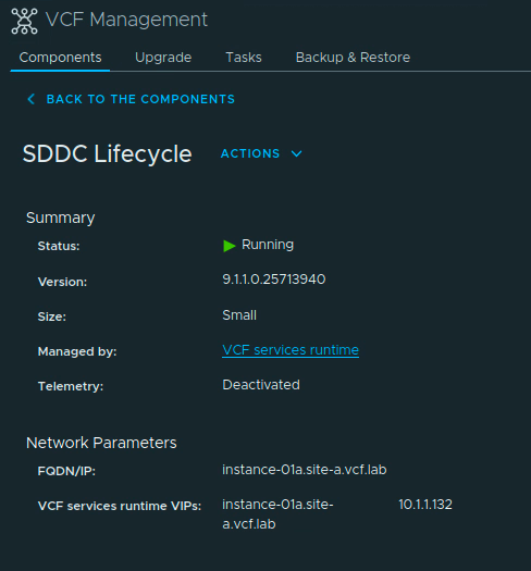 SDDC Lifecycle Summary showing Running status, version 9.1.1.0.25713940, and management by VCF Services Runtime.