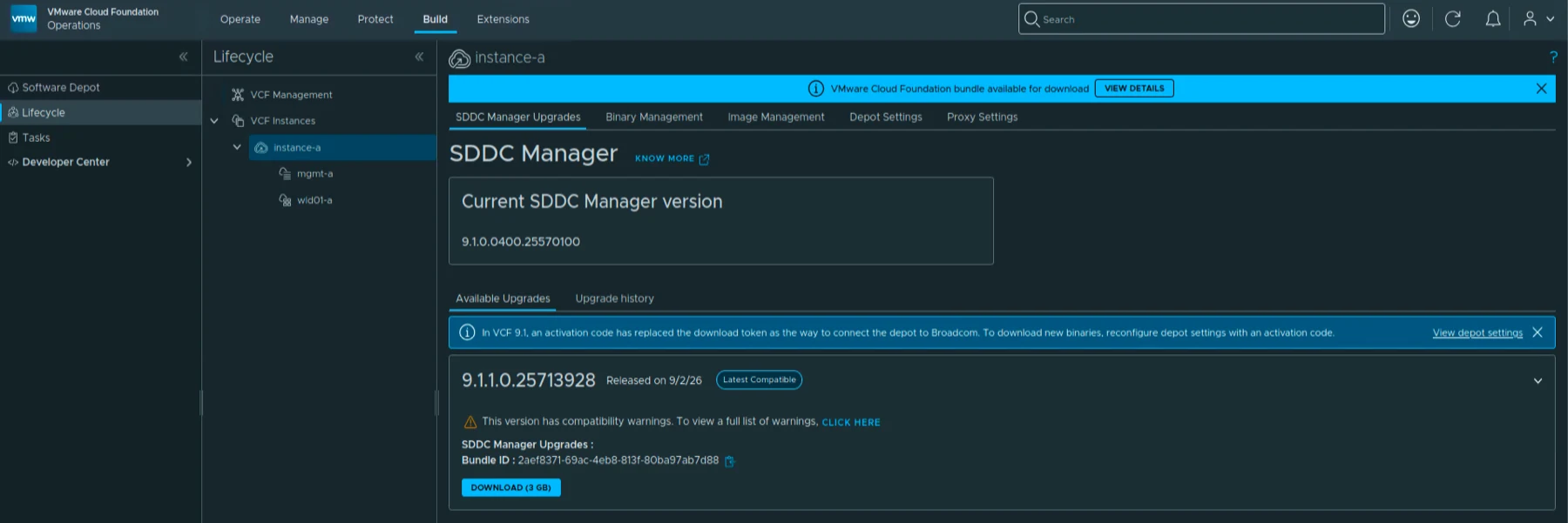VCF Operations SDDC Manager Upgrades page showing current version 9.1.0.0400.25570100 and the available 9.1.1.0.25713928 bundle.