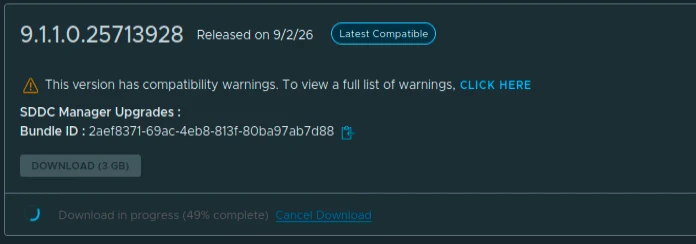 SDDC Manager 9.1.1 bundle download in progress at 49 percent.