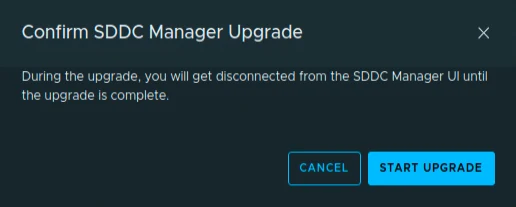 SDDC Manager upgrade confirmation warning that the UI will disconnect until the upgrade completes.