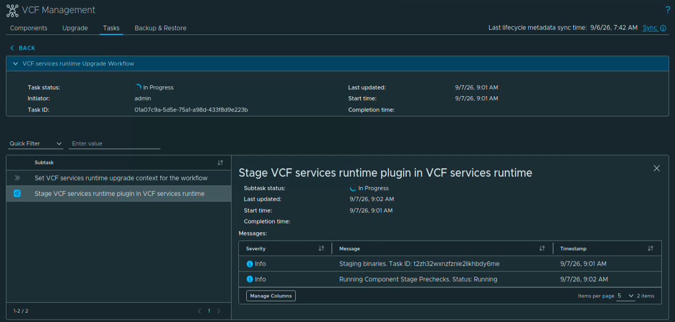 VCF Services Runtime upgrade workflow in progress, with the plugin staging subtask displaying binary staging and component stage precheck messages.