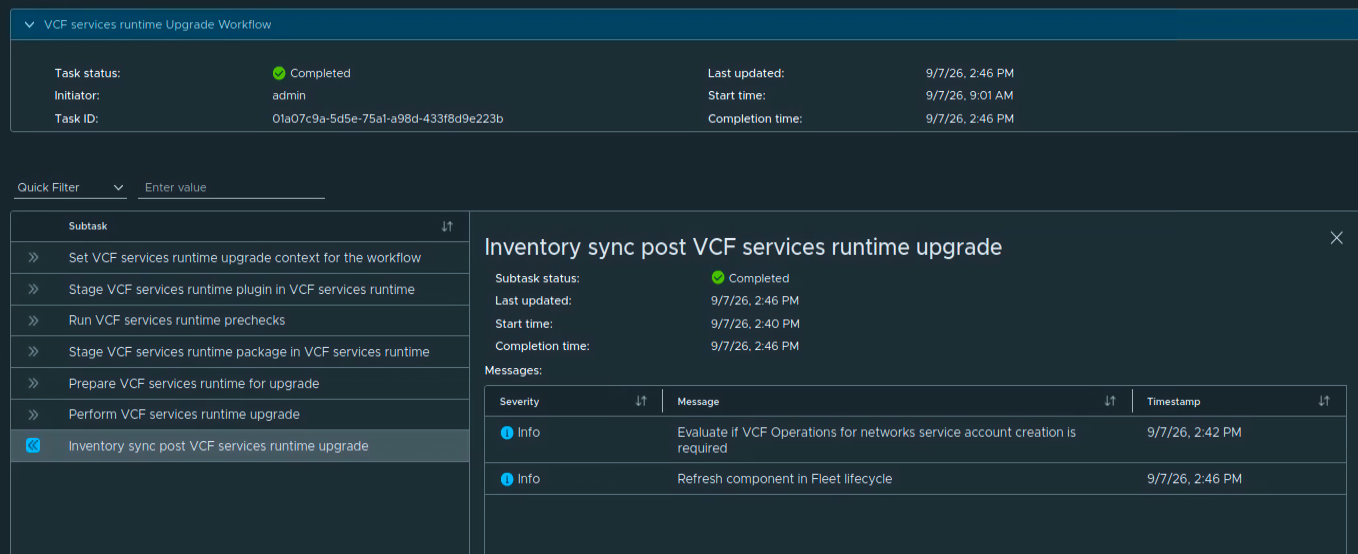Completed VCF Services Runtime upgrade workflow, with a 9:01 AM start, 2:46 PM completion, and completed final inventory sync.
