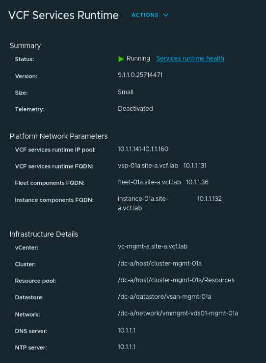 VCF Services Runtime Summary showing Running status, version 9.1.1.0.25714471, and Small size after the upgrade.