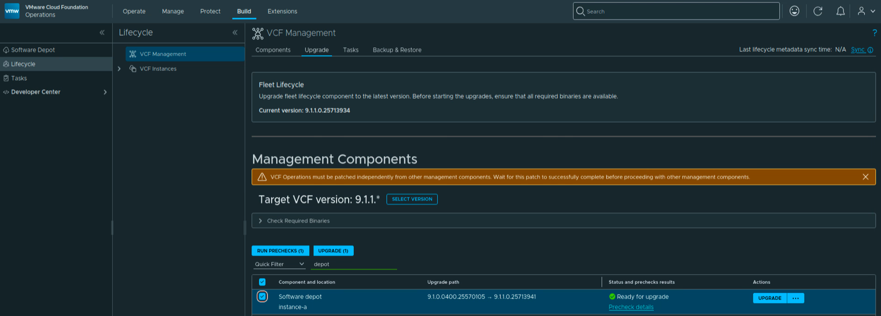 Software Depot selected in VCF Operations with the upgrade path from 9.1.0.0400.25570105 to 9.1.1.0.25713941.