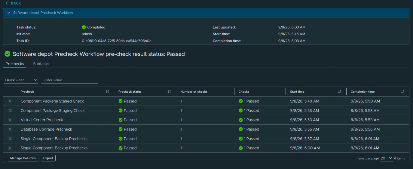 Completed Software Depot precheck workflow with an overall Passed result and all six listed checks passed.