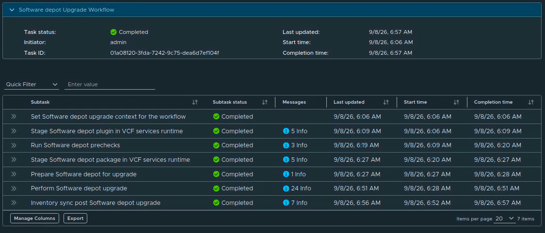 Completed Software Depot upgrade workflow with all seven subtasks completed, starting at 6:06 AM and finishing at 6:57 AM on September 8.