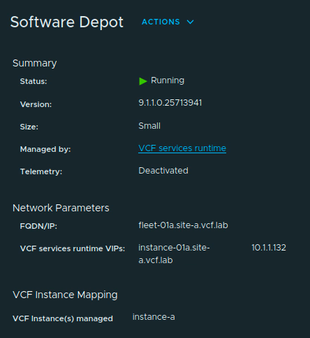 Software Depot Summary showing Running status, version 9.1.1.0.25713941, and VCF instance mapping to instance-a.