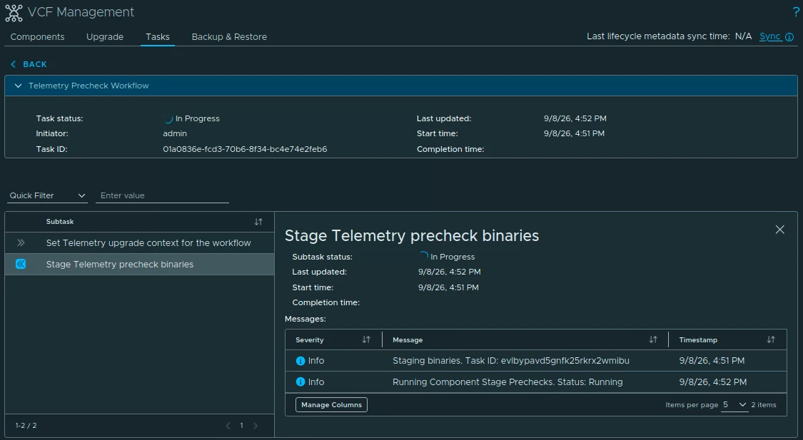 Telemetry precheck workflow in progress, with component stage prechecks running.