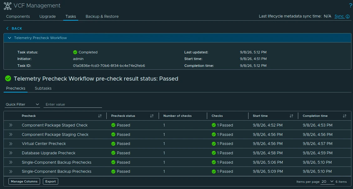 Completed Telemetry Precheck Workflow showing a Passed result and all listed checks passed.