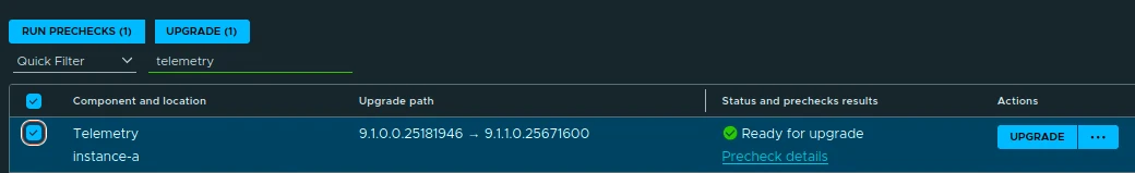 Telemetry selected with the 9.1.1.0.25671600 upgrade path and Ready for upgrade status after the precheck completed.