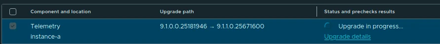 Telemetry row showing Upgrade in progress from 9.1.0.0.25181946 to 9.1.1.0.25671600.