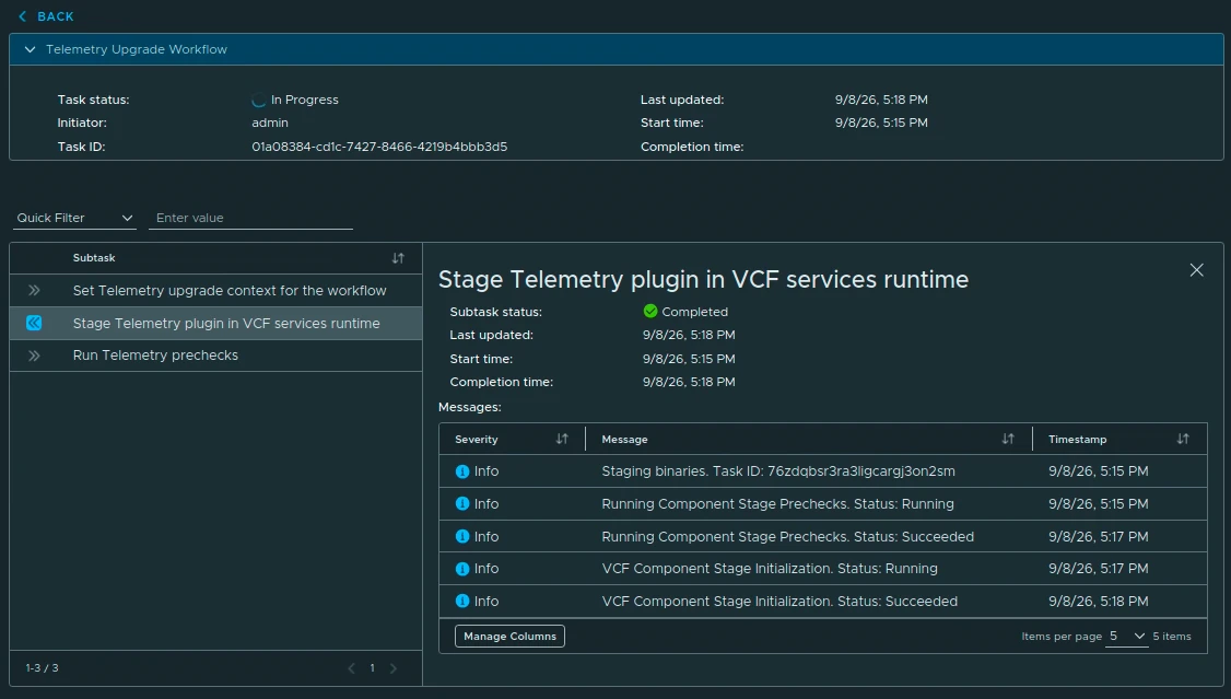 Telemetry upgrade workflow in progress while the plugin is staged in the VCF services runtime.
