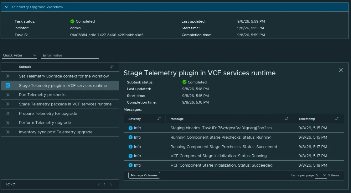 Completed Telemetry upgrade workflow showing all subtasks completed.