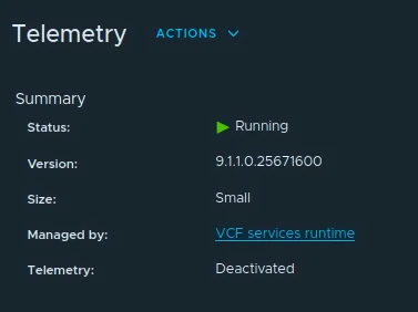 Telemetry component summary showing Running status, version 9.1.1.0.25671600, Small size, and VCF services runtime management.