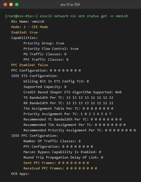 Rendered command output for esx-01a vmnic0 showing CEE mode, DCB enabled, PFC disabled, and zero transmitted and received PFC frames.