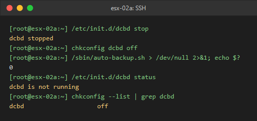 Rendered command output on esx-02a showing dcbd stopped, disabled at boot, and a successful configuration save.